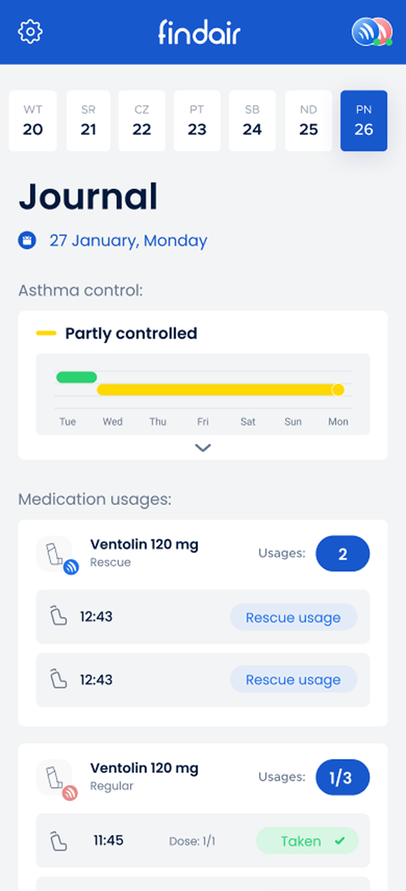 Asthma Journal with medication records in mobile application