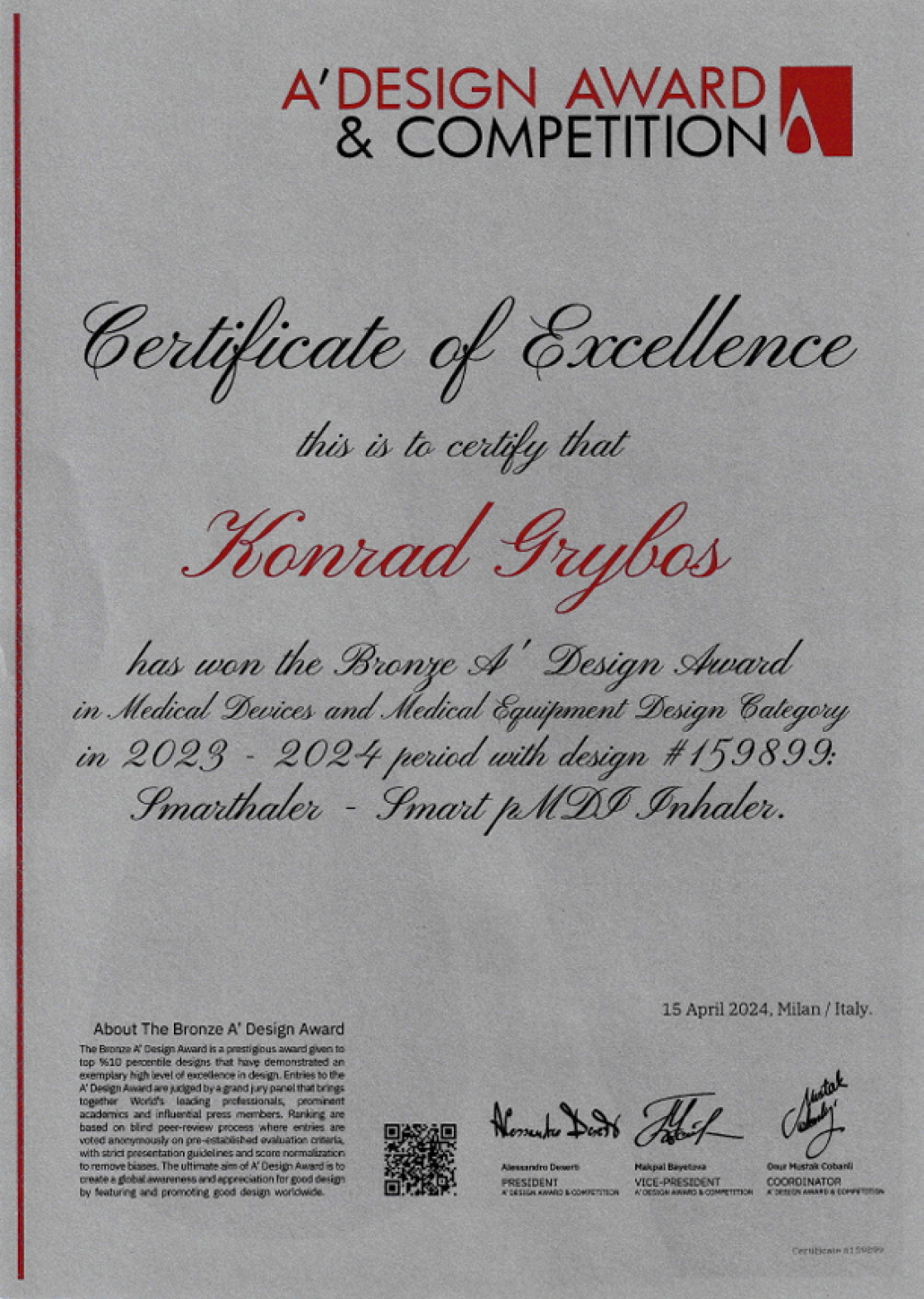 A Design award certificate