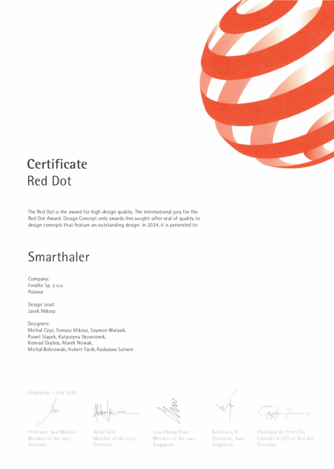 Red Dot award certification